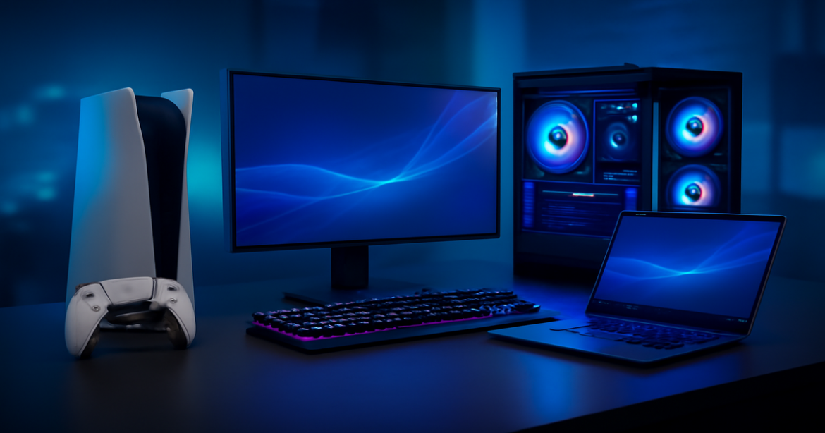 Image of diverse игровые устройства for gaming, showcasing consoles, PCs, and laptops in a modern setup.