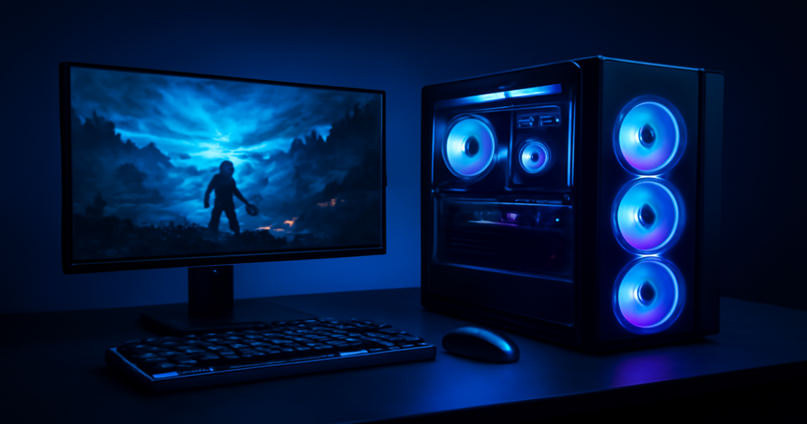 Gaming PC setup in a modern style, showcasing high-performance gaming devices.