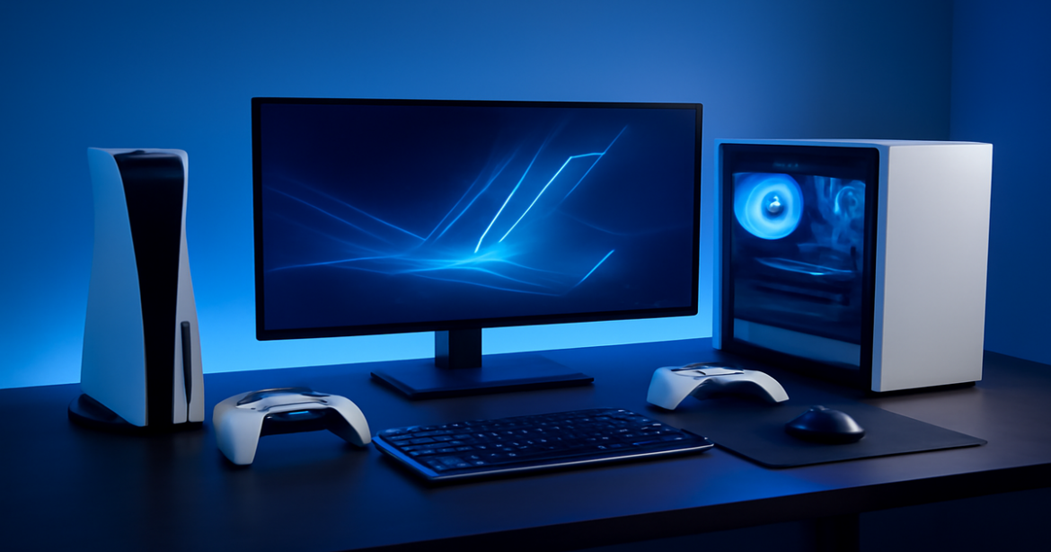Explore the latest gaming devices 2023 with a modern gaming setup showcasing consoles and PCs.