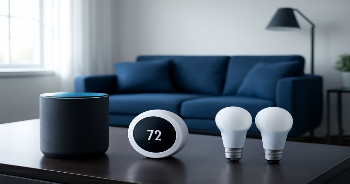 Modern living room with умные домашние устройства like smart speakers and lights, showcasing technology in a stylish setting.