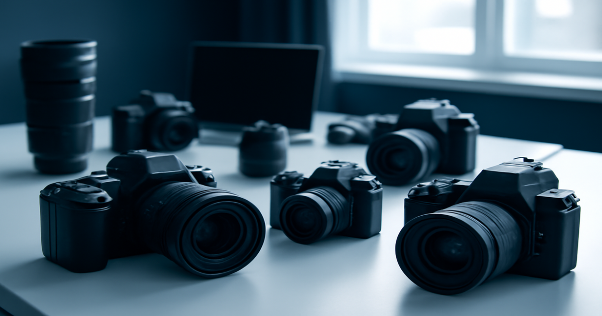 Explore выбор фотоаппарата with this modern workspace featuring a variety of cameras and tech gear.