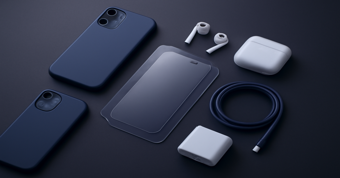 Explore a modern flat lay of smartphone accessories for a tech-forward lifestyle.