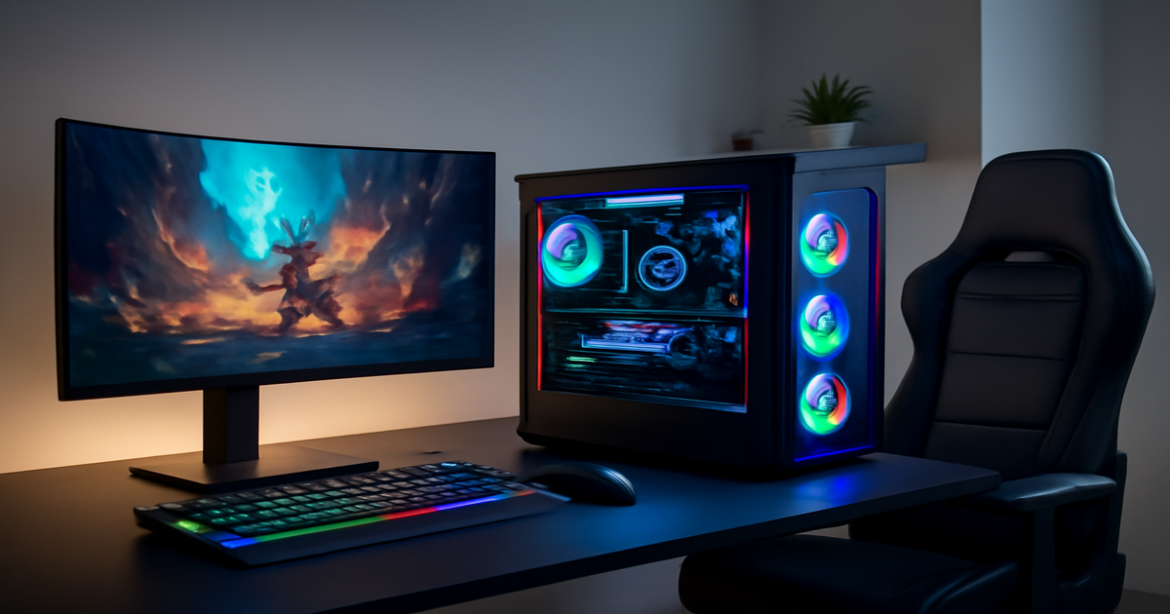 High-quality image of a gaming computer setup showcasing выбор игрового компьютера in a tech-forward environment.