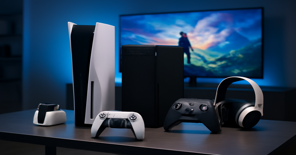 Explore the best выбор игровой консоли with this modern gaming setup showcasing the latest devices.