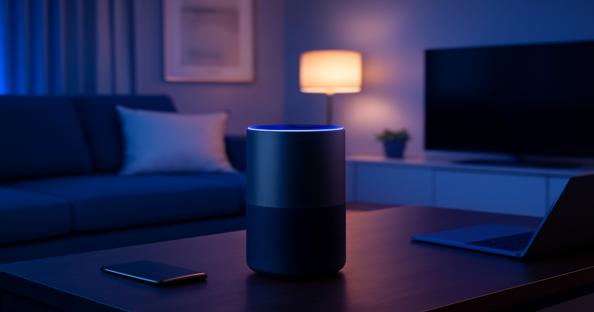 A stylish smart колонка in a modern living room, showcasing tech-forward home gadgets.