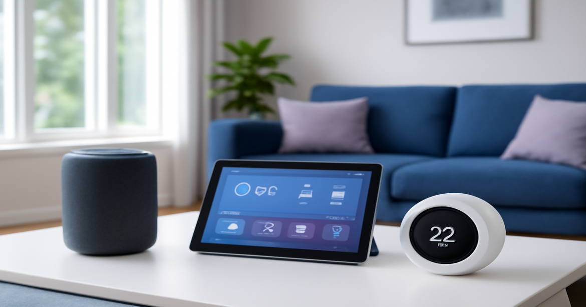 Smart gadgets for home showcased in a modern living room, enhancing comfort and safety.