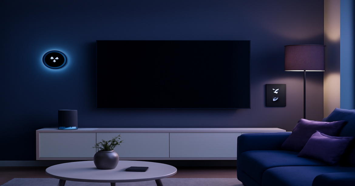 Smart home technology setup in a modern living room, showcasing gadgets and electronic devices.