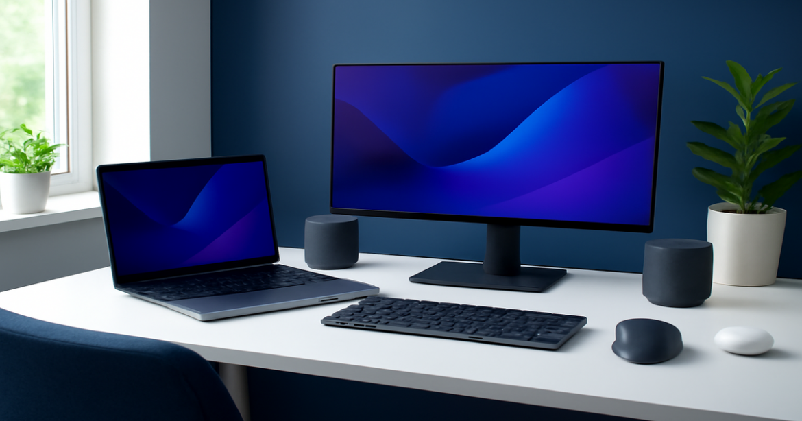 Explore gadgets для работы from home that enhance productivity and comfort in a modern office setting.
