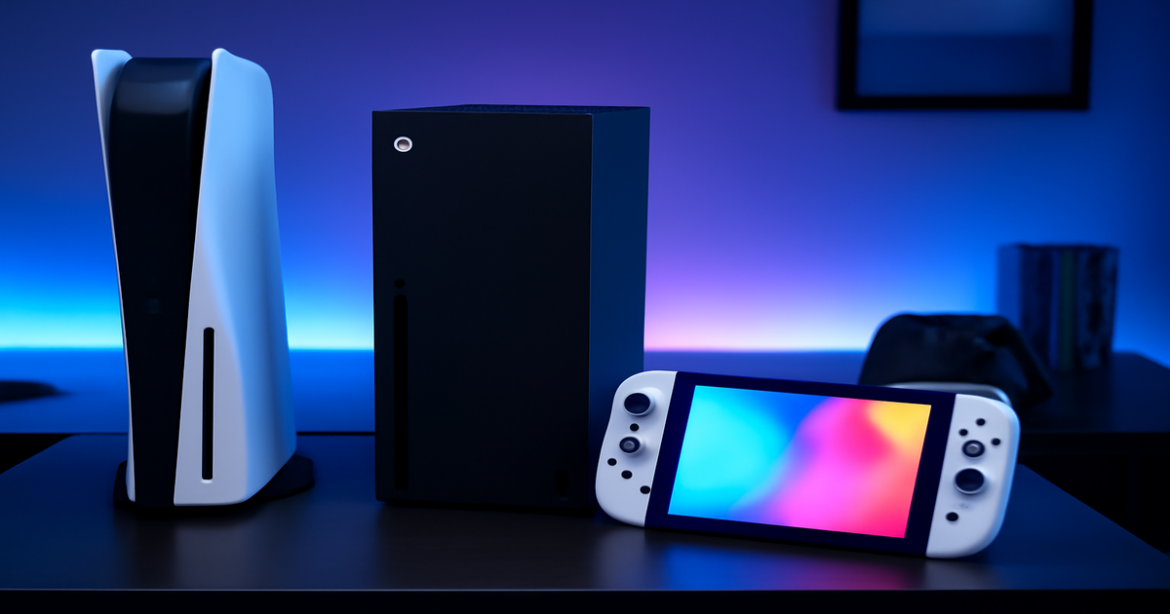 Explore the best игровые консоли 2023 with a sleek modern setup featuring top models.