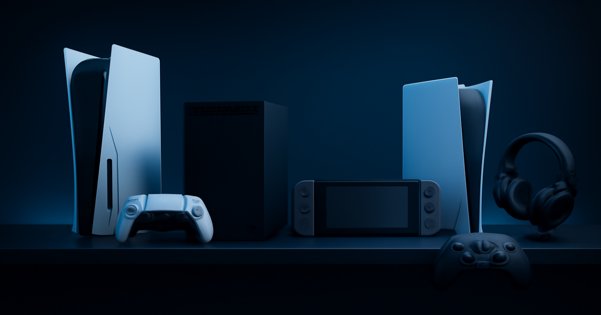Showcasing the best игровые консоли 2023 in a modern, tech-forward setting.