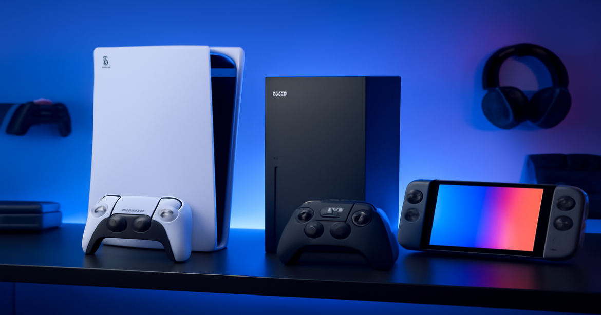 Explore the latest игровые консоли 2023 with this modern gaming setup featuring top consoles.