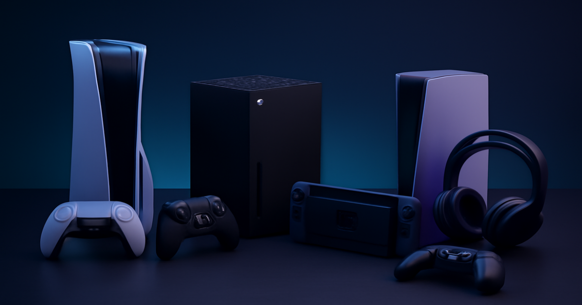 Explore the best игровых консоли 2023 in a modern, tech-forward style.