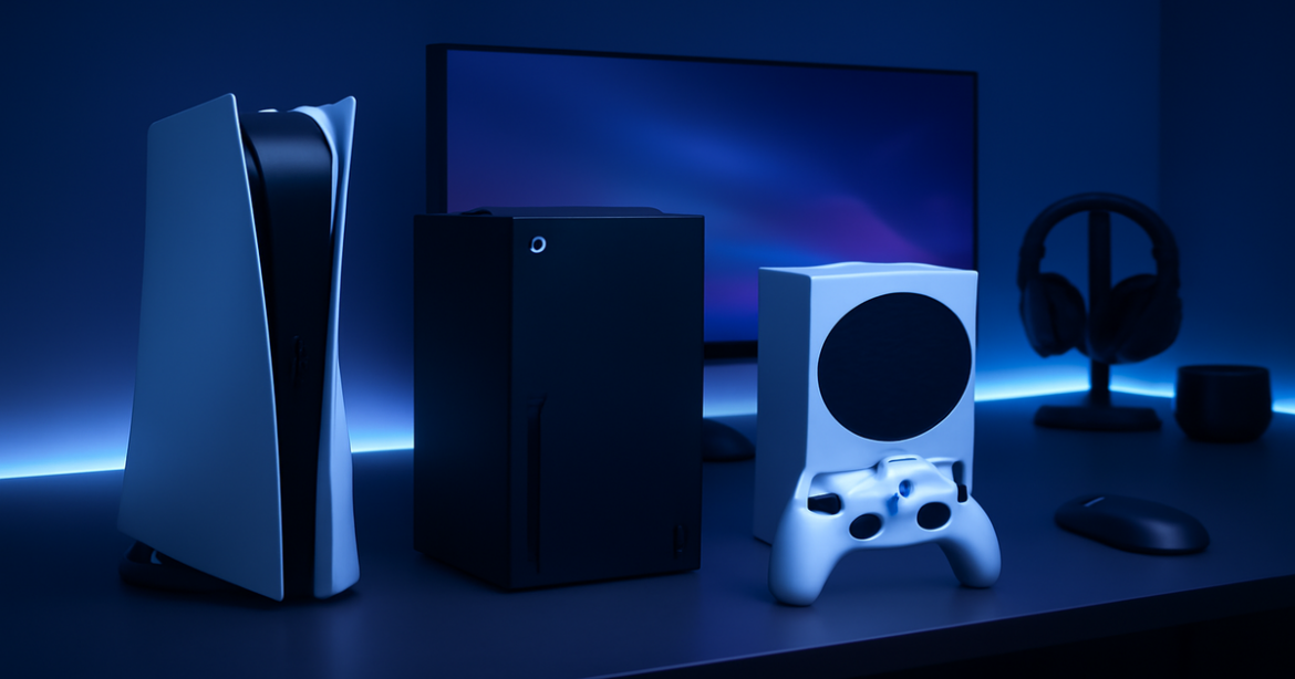 Image of top gaming consoles 2023 in a modern setup with tech gadgets.