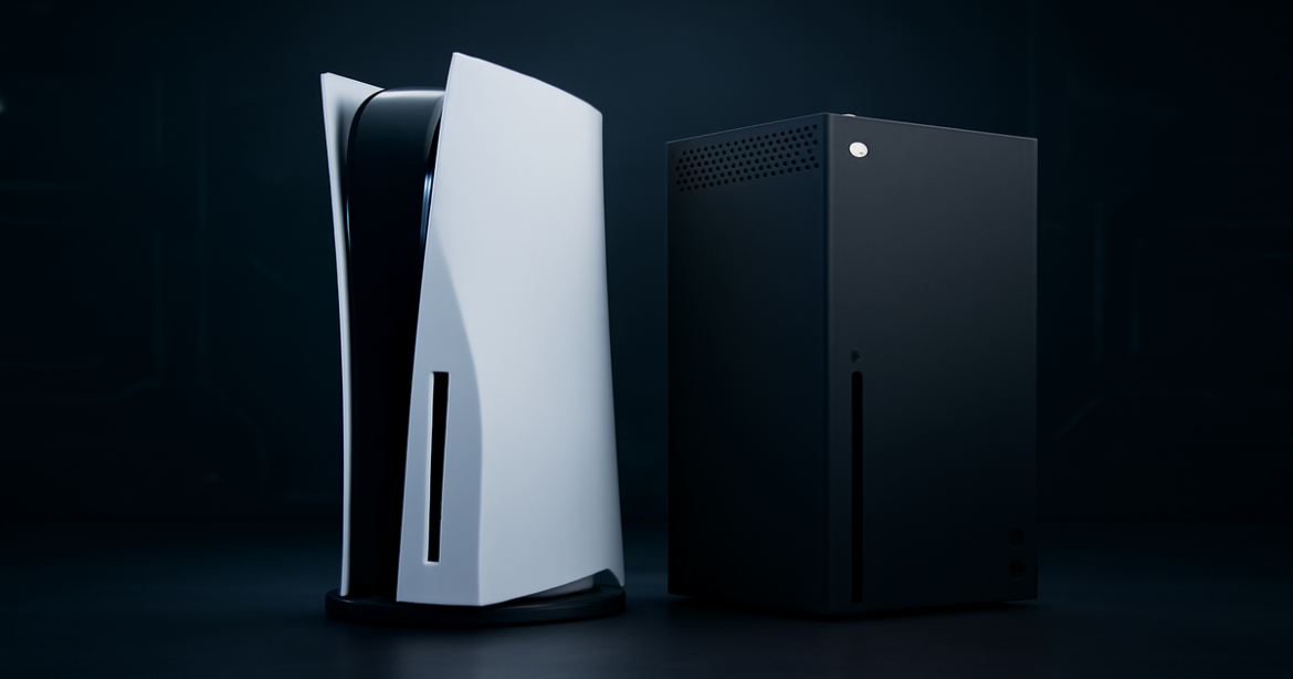 Explore the latest игровые консоли with PlayStation 5 and Xbox Series X in a modern tech setting.