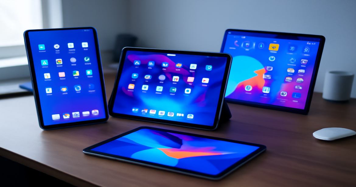 Showcasing лучшие планшеты 2023 in a modern workspace with vibrant screens and sleek designs.