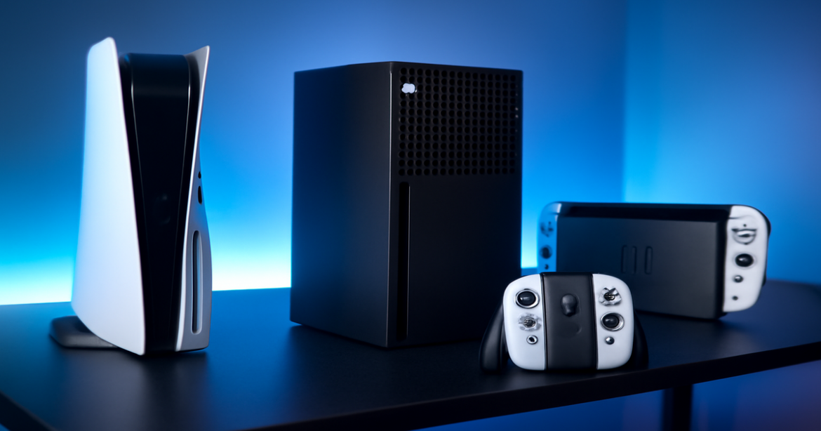 Explore the latest игровые консоли 2023 in a modern gaming setup, showcasing their sleek designs.