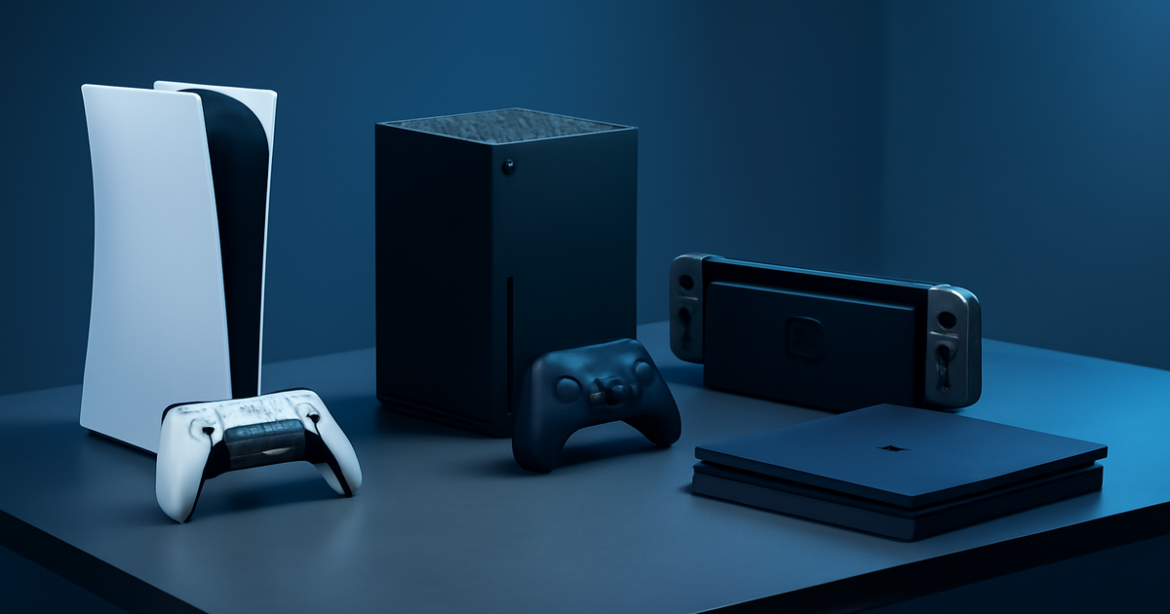 Explore the latest игровые приставки showcased in a modern, professional setting.