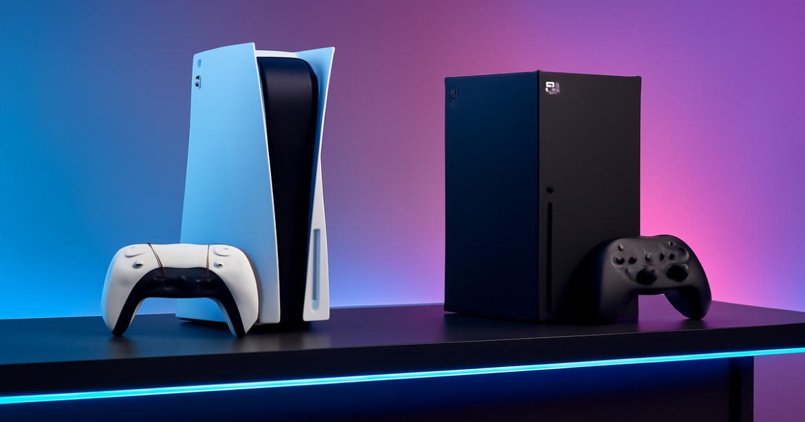 Explore the latest игровые консоли 2023 including PlayStation and Xbox in a modern gaming setup.