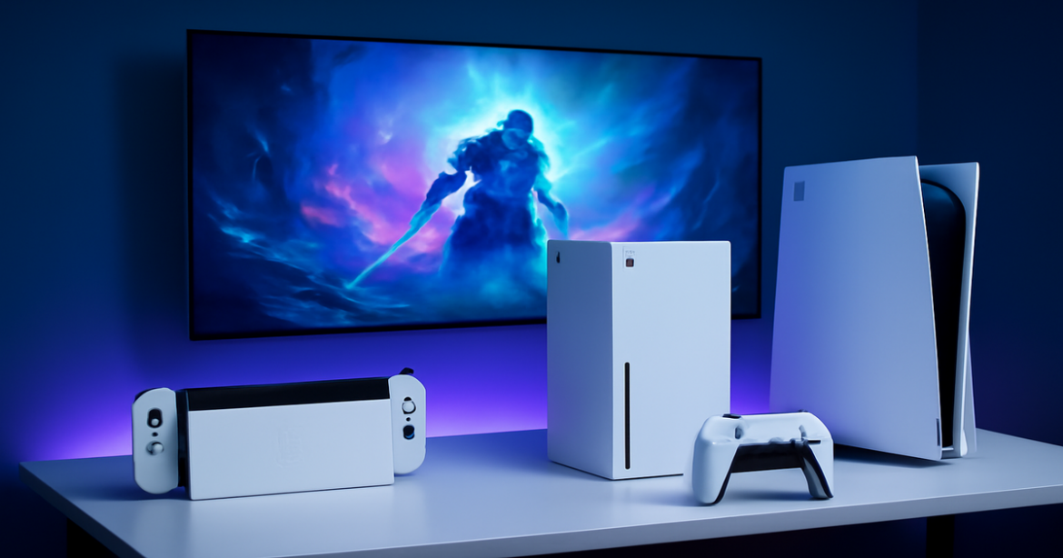 Showcase of the best игровые консоли 2023 in a modern gaming setup with vibrant lighting.