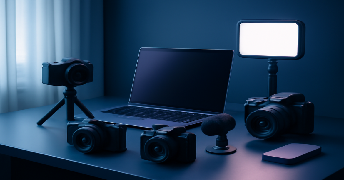 Showcasing cameras for vloggers in a modern workspace setting, highlighting the latest tech gadgets.