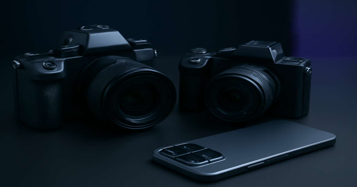 Сравнение камер: a professional image showcasing various cameras for video and photo use.