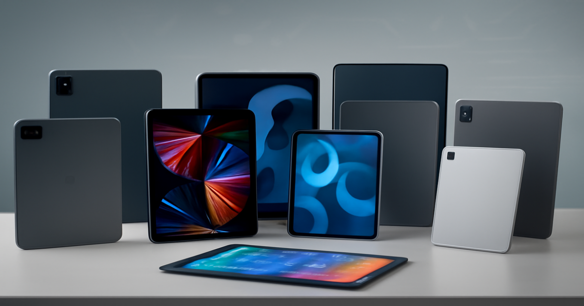 A collection of the top tablets of 2023 displayed in a modern workspace.
