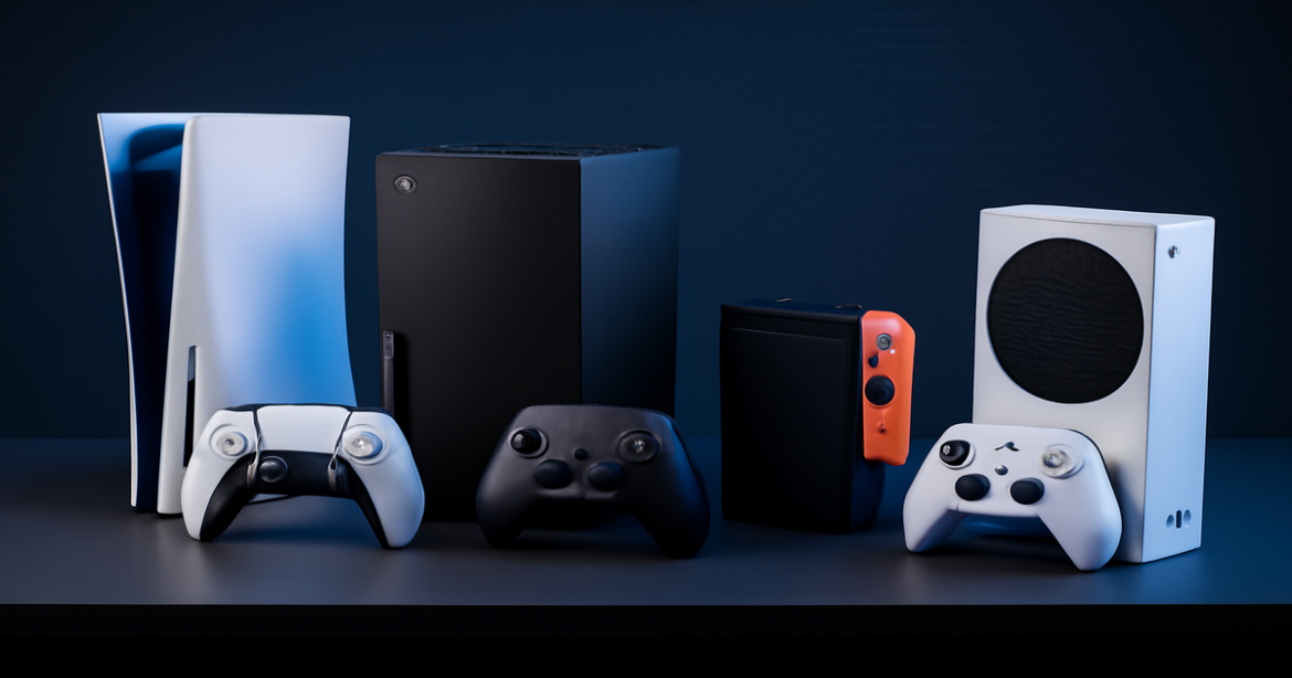 Top игровых консолей 2023 displayed on a modern gaming desk, showcasing cutting-edge technology.