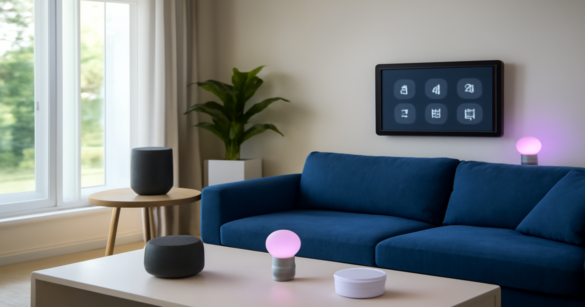 A modern living room with умные устройства для дома, showcasing smart gadgets and technology.