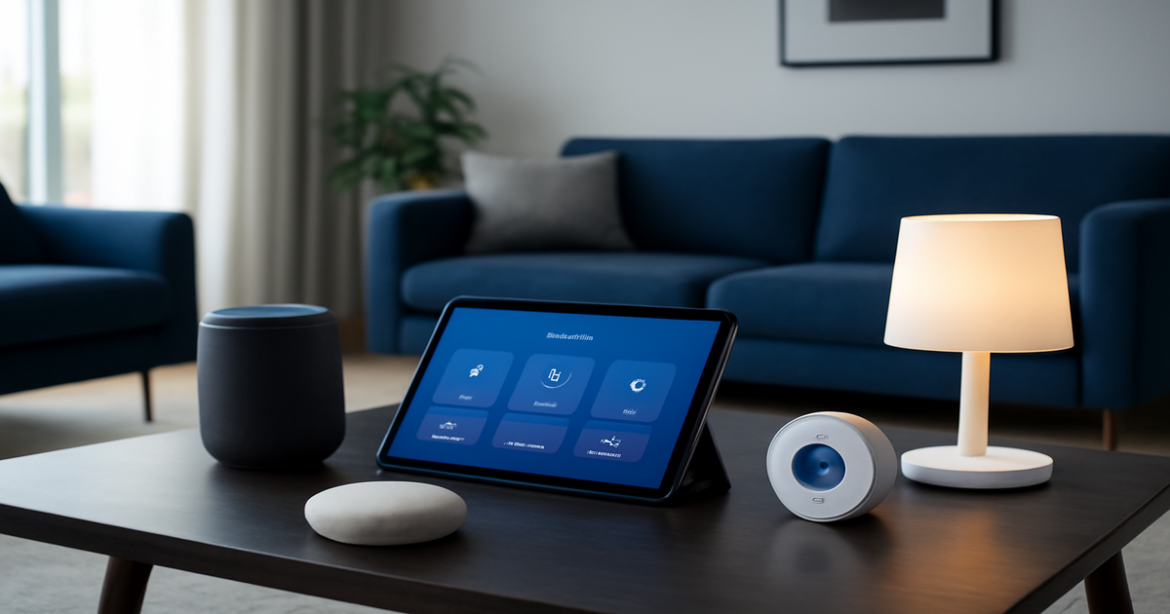 A modern living room with умные устройства для дома, showcasing smart gadgets and a tech-forward atmosphere.