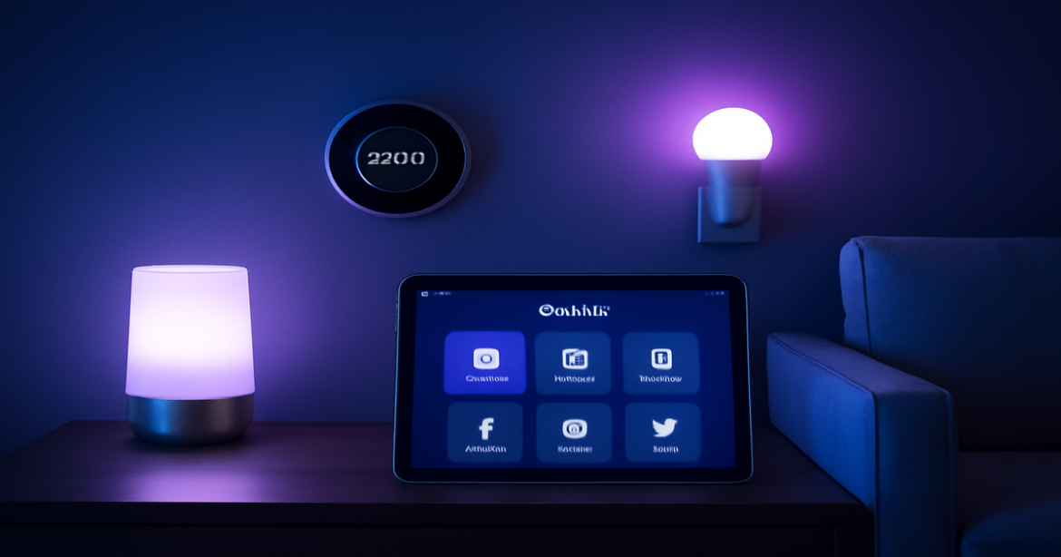 A sleek modern living room with smart home technology showcasing умный дом automation.