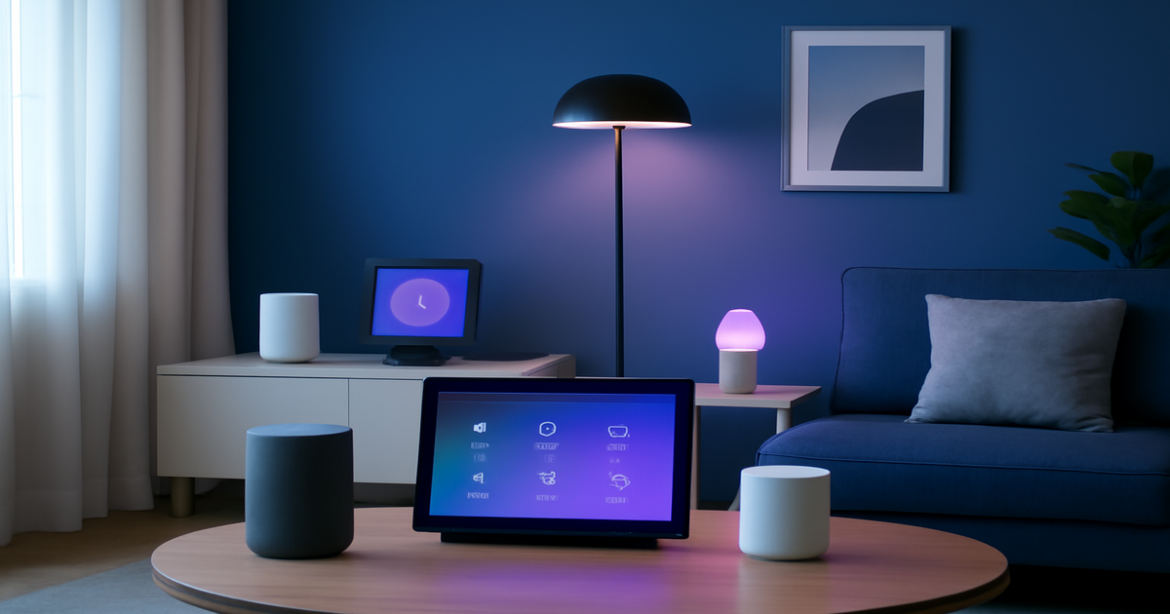 A modern smart home showcasing IoT technology for enhanced comfort and safety, highlighting gadgets and devices.